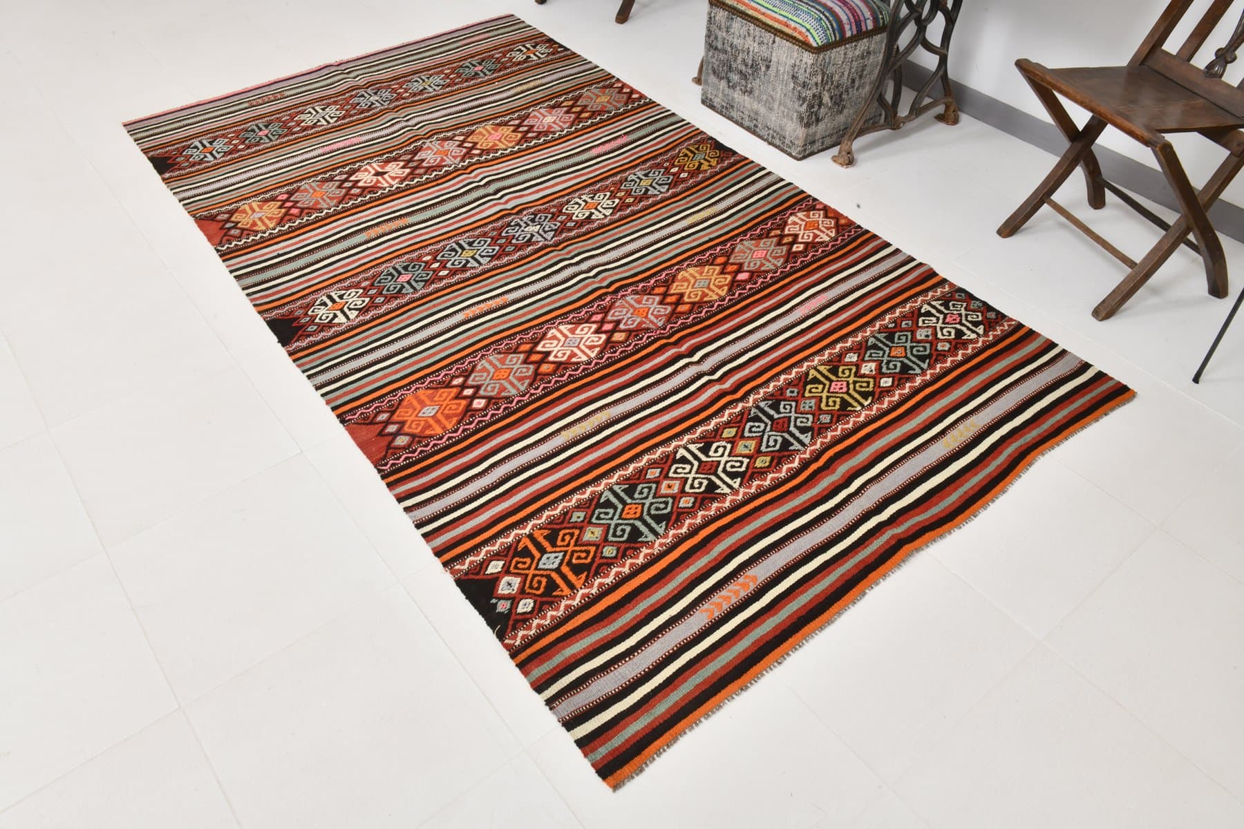 Kilim 146x263 cm, black, orange, wool, Turkey, 1960s - 213811