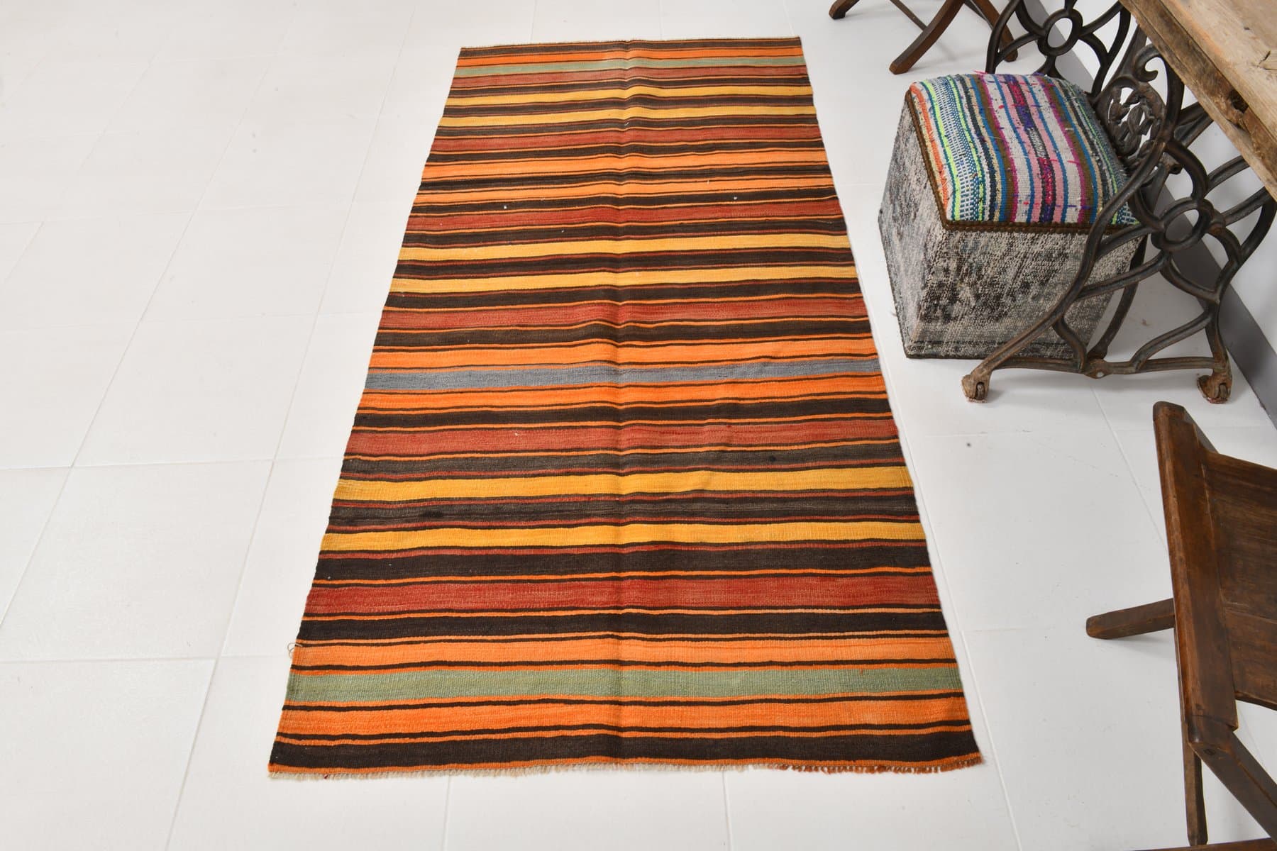 Kilim Runner 220x106 cm, brown, orange, wool, Turkey, 1960s. - 213802