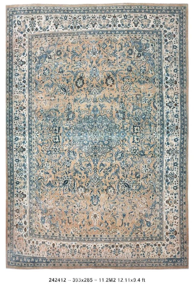 Rug 393x285 cm, beige, blue, wool, Turkey, 1960s - DIMENSION