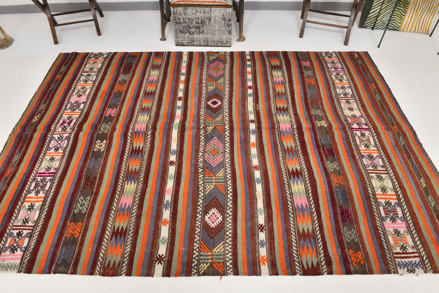 Kilim Rug 174x253 cm, orange, brown, wool, Turkey, 1970s. - 213736