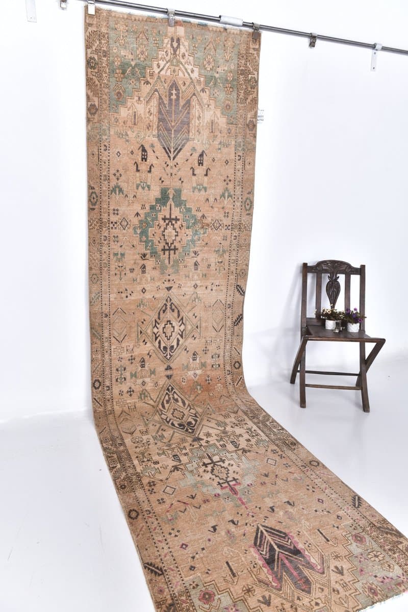 Runner Rug 98x360 cm, brown, wool, Turkey, 1960s. - 213731