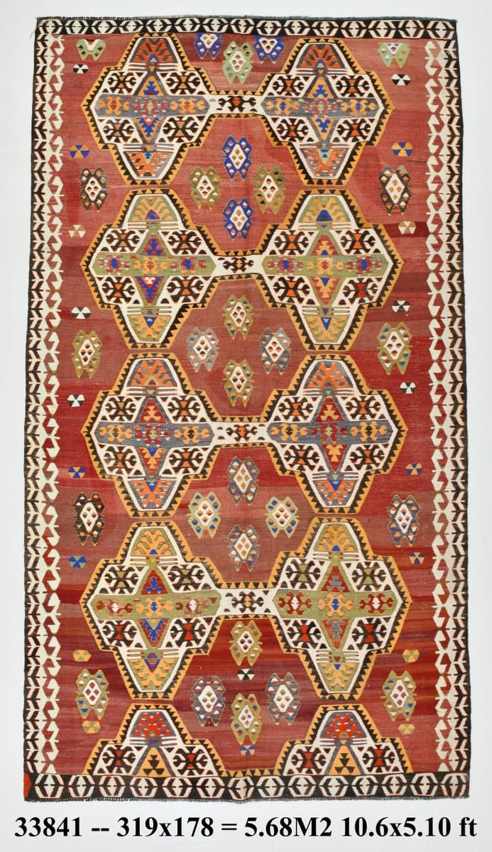 Kilim Rug 178x319 cm, red, beige, wool, Turkey, 1960s - 213659