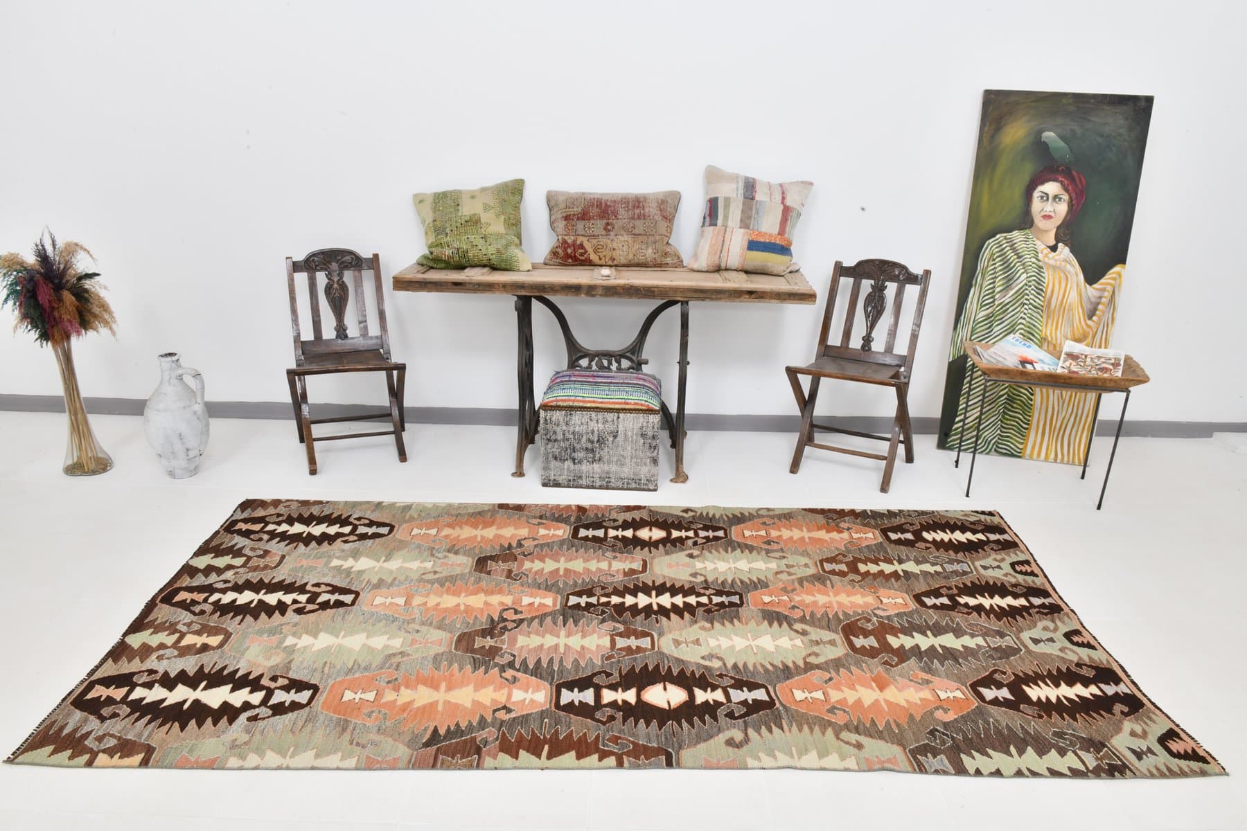 Kilim 137x284 cm, brązowy, pomarańczowy, wełna, Turcja, lata 70. - 214422