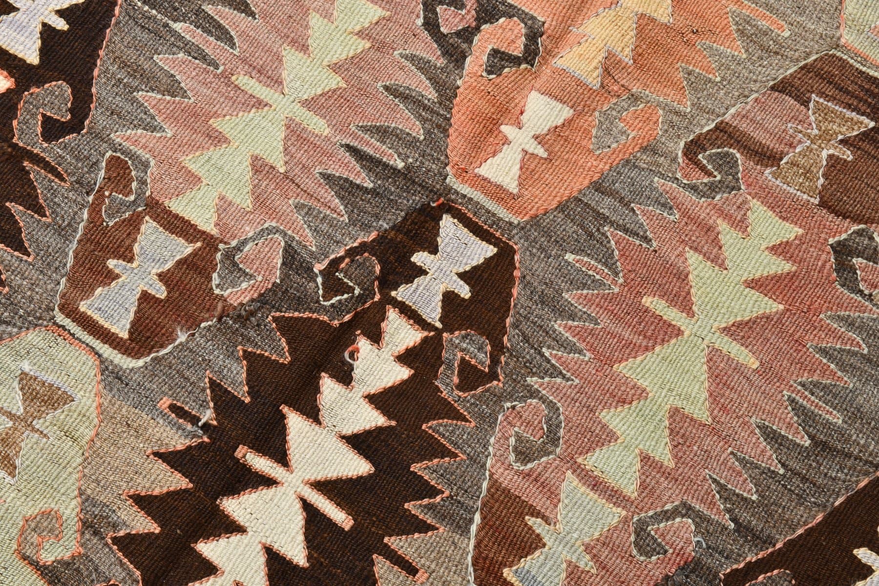 Kilim 137x284 cm, brązowy, pomarańczowy, wełna, Turcja, lata 70. - 214424