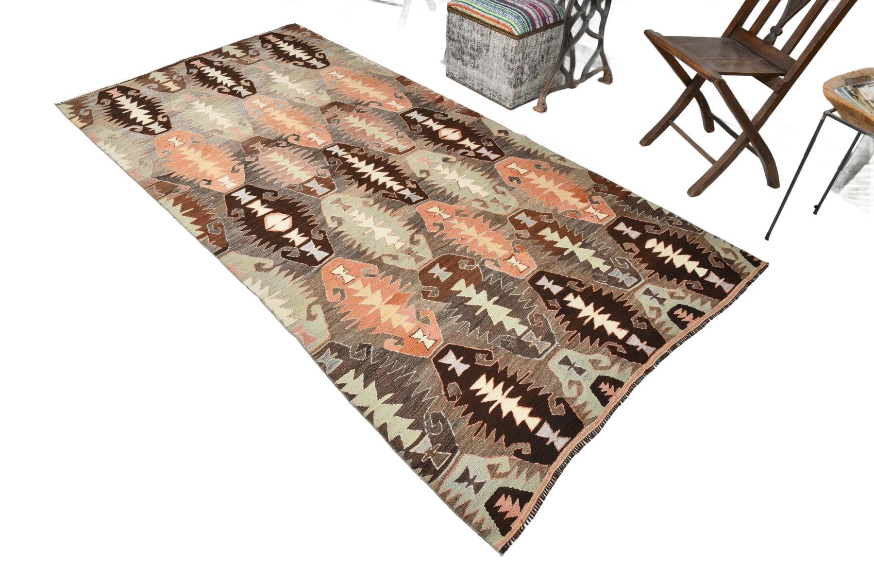 Kilim 137x284 cm, brązowy, pomarańczowy, wełna, Turcja, lata 70. - 214416