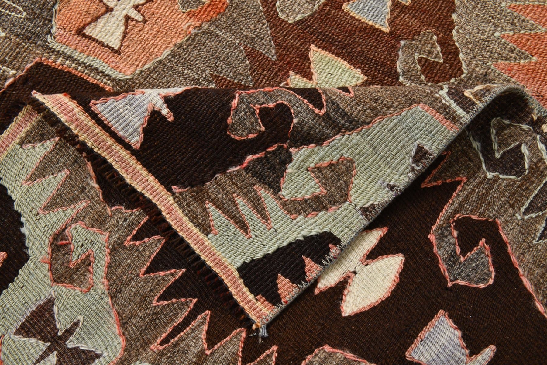 Kilim 137x284 cm, brązowy, pomarańczowy, wełna, Turcja, lata 70. - 214419