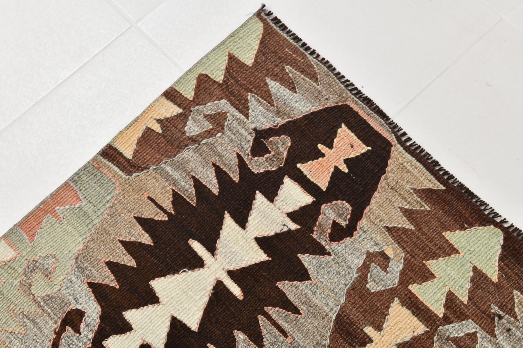 Kilim 137x284 cm, brązowy, pomarańczowy, wełna, Turcja, lata 70. - 214427