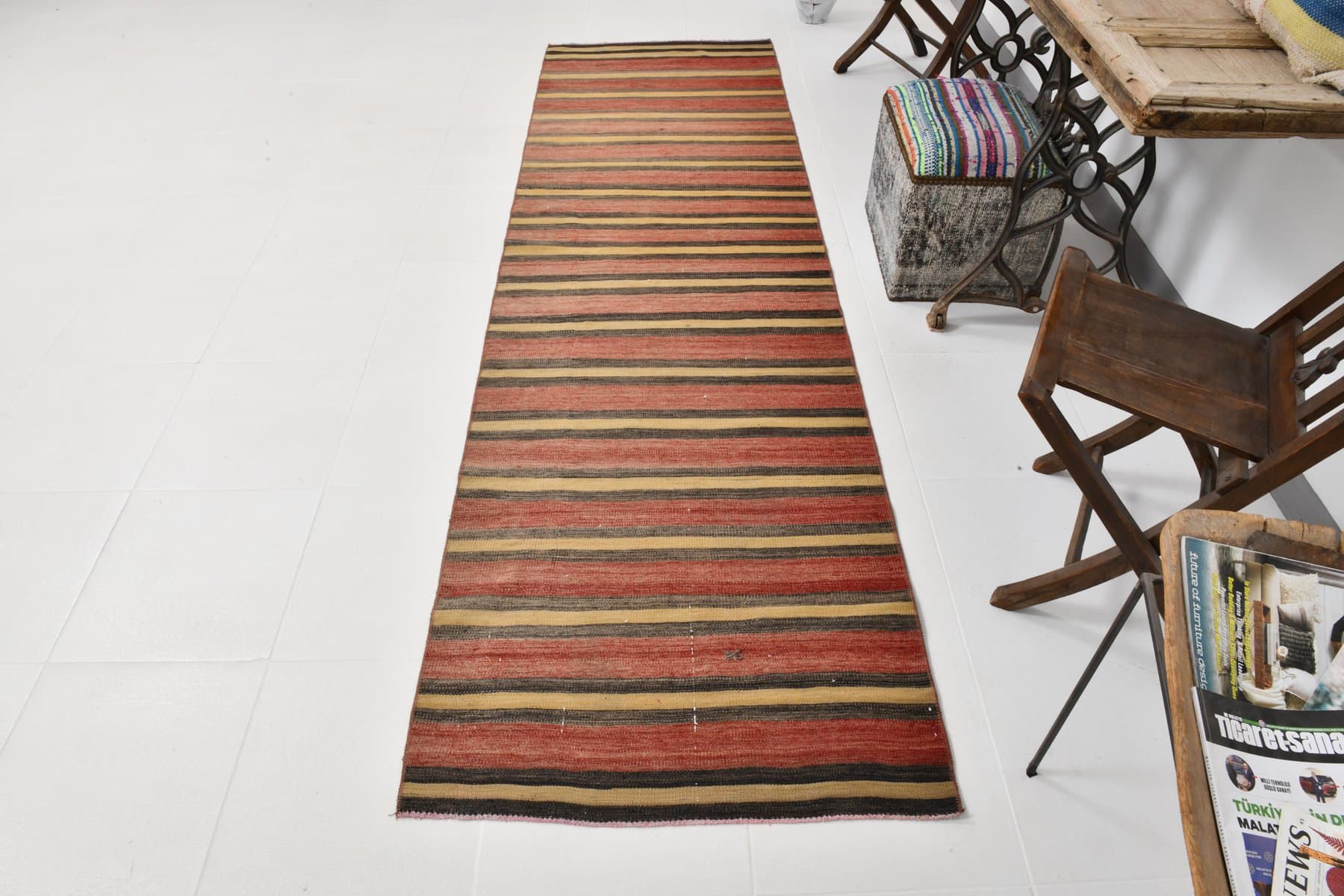 Chodnik kilim 301x88 cm, czerwony, brązowy, wełna, lata 60. - 214407