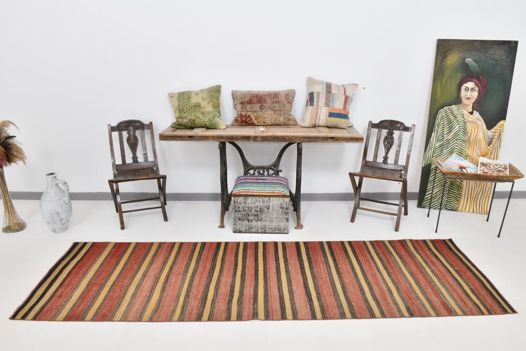 Chodnik kilim 301x88 cm, czerwony, brązowy, wełna, lata 60. - 214408