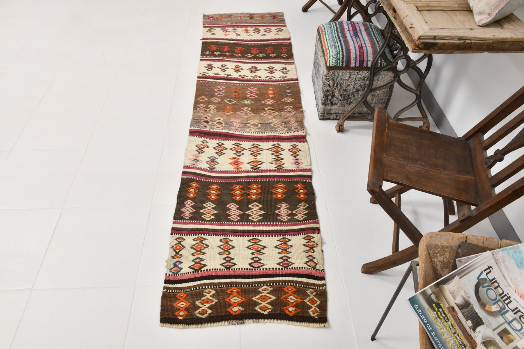 Kilim 66x262 cm, brown, wool, 1970s - 214372