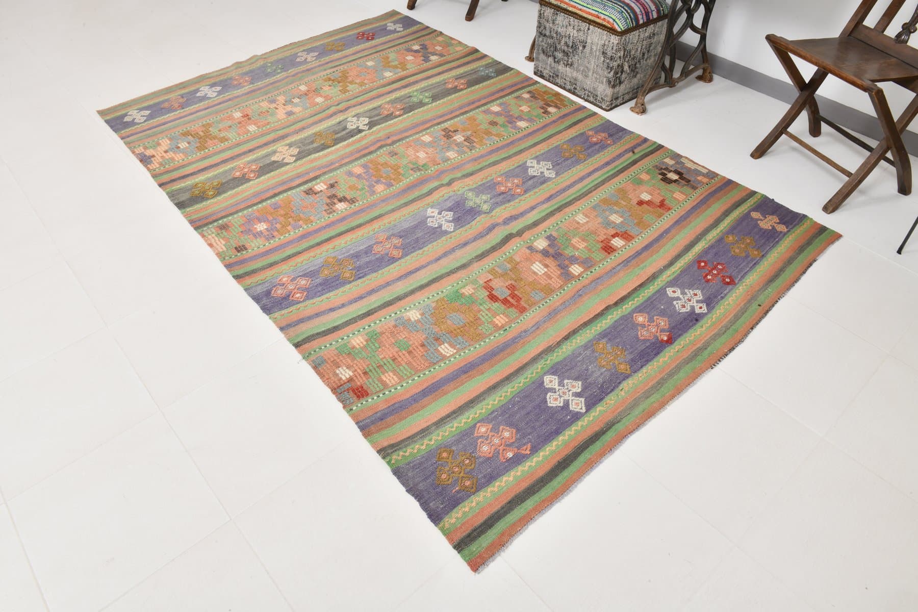 Kilim 165x263 cm, fioletowy, zielony, wełna, lata 70. - 214351