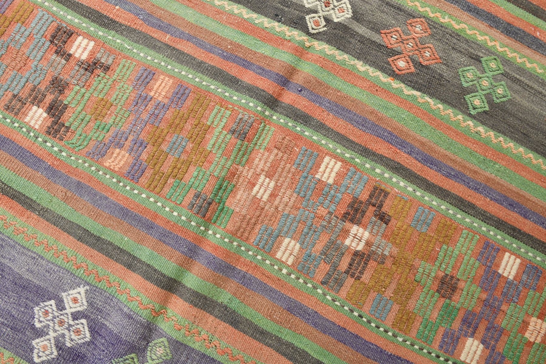 Kilim 165x263 cm, fioletowy, zielony, wełna, lata 70. - 214353