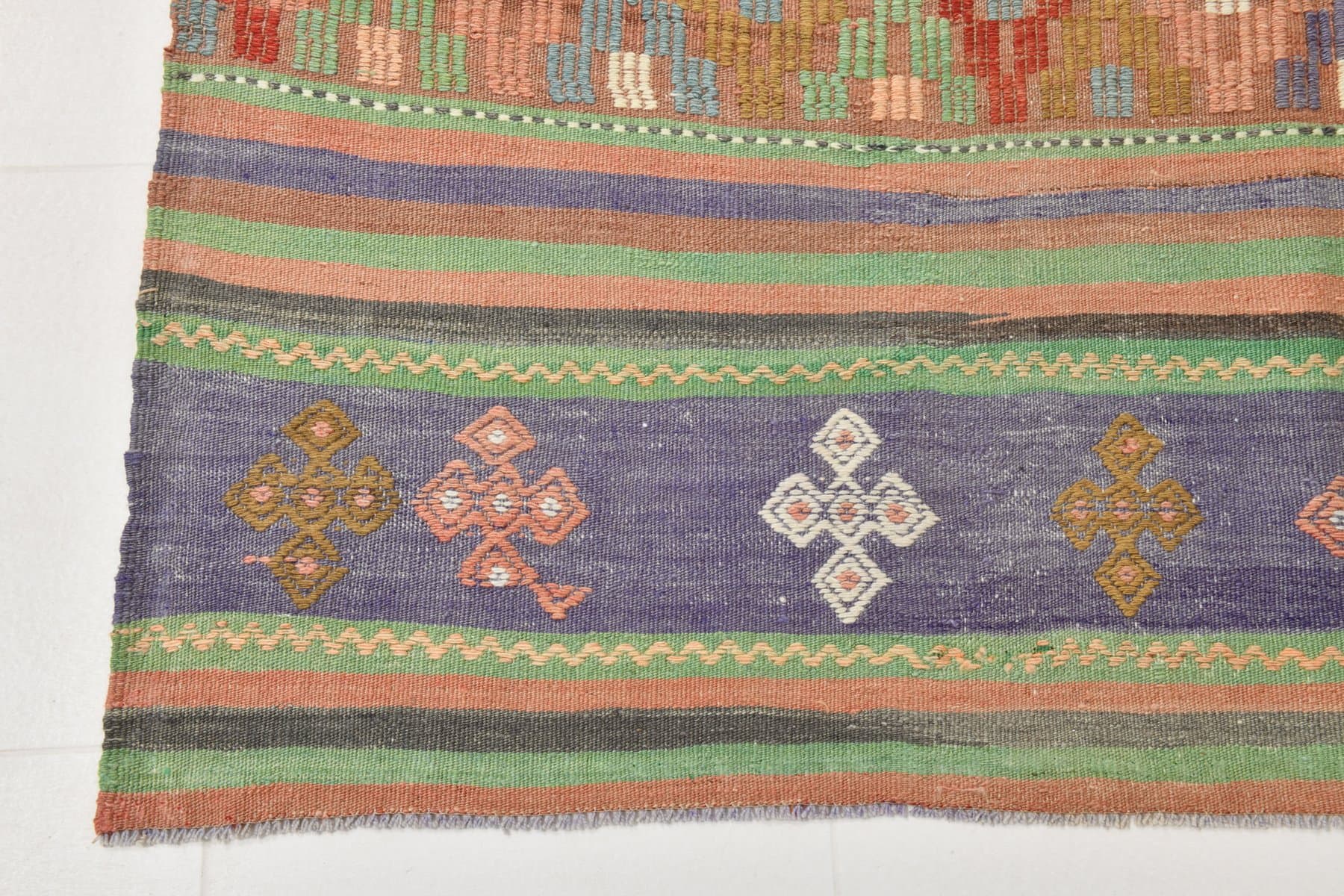Kilim 165x263 cm, fioletowy, zielony, wełna, lata 70. - 214355