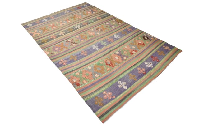 Kilim 165x263 cm, fioletowy, zielony, wełna, lata 70. - WYMIARY
