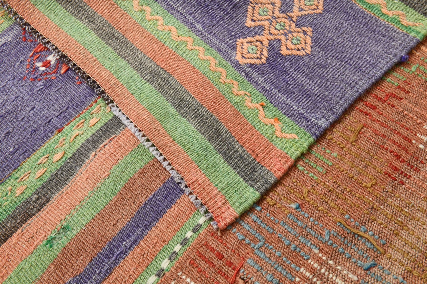 Kilim 165x263 cm, fioletowy, zielony, wełna, lata 70. - 214358