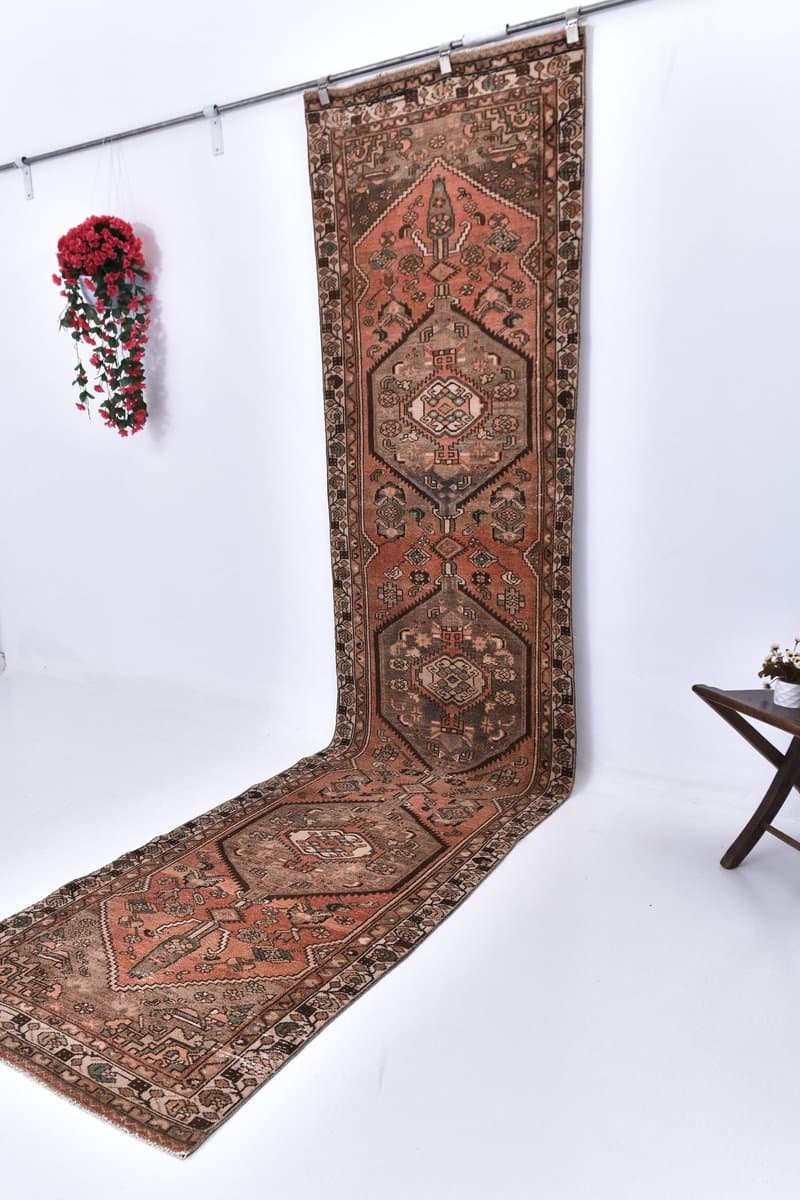 Runner 388x91 cm, brown, wool, 1960s - 214328