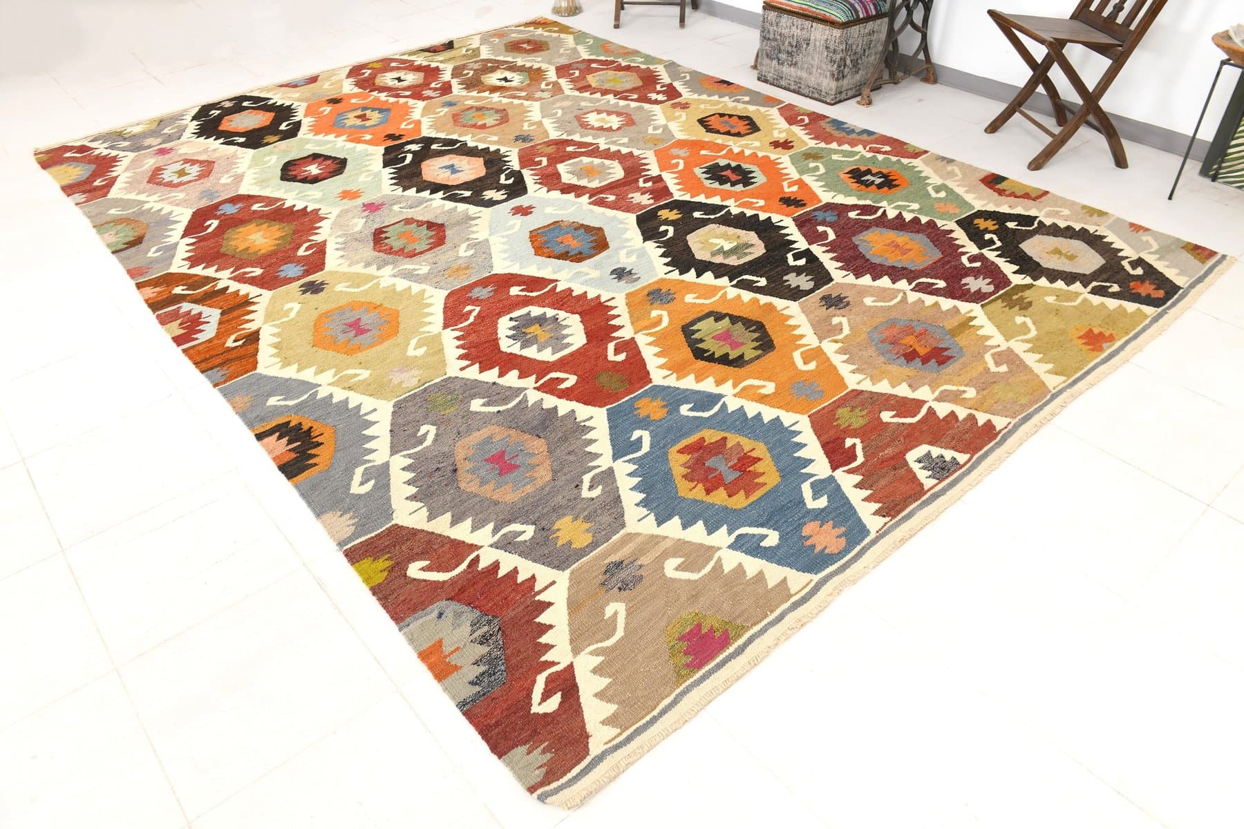 Kilim Rug 383x273 cm, yellow, red, wool, Turkey, 1960s - 214189
