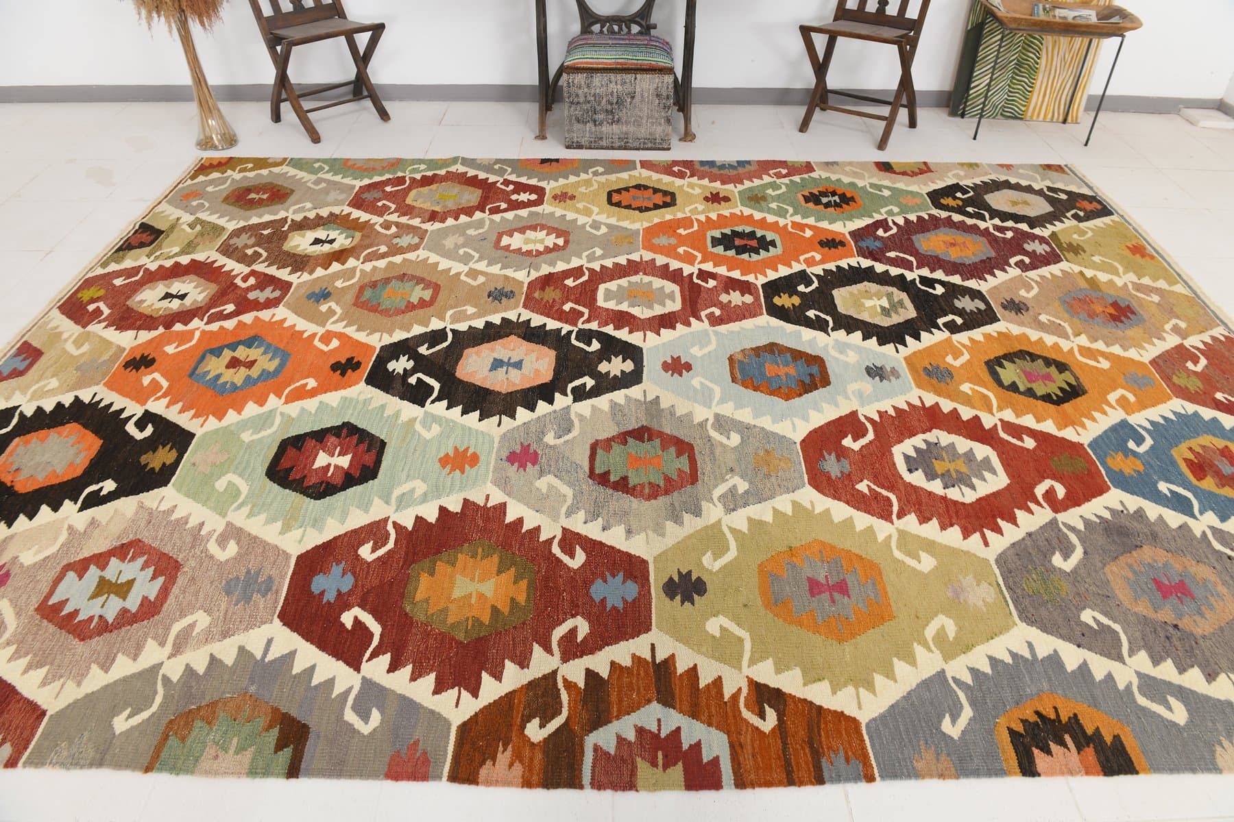 Kilim Rug 383x273 cm, yellow, red, wool, Turkey, 1960s - 214190