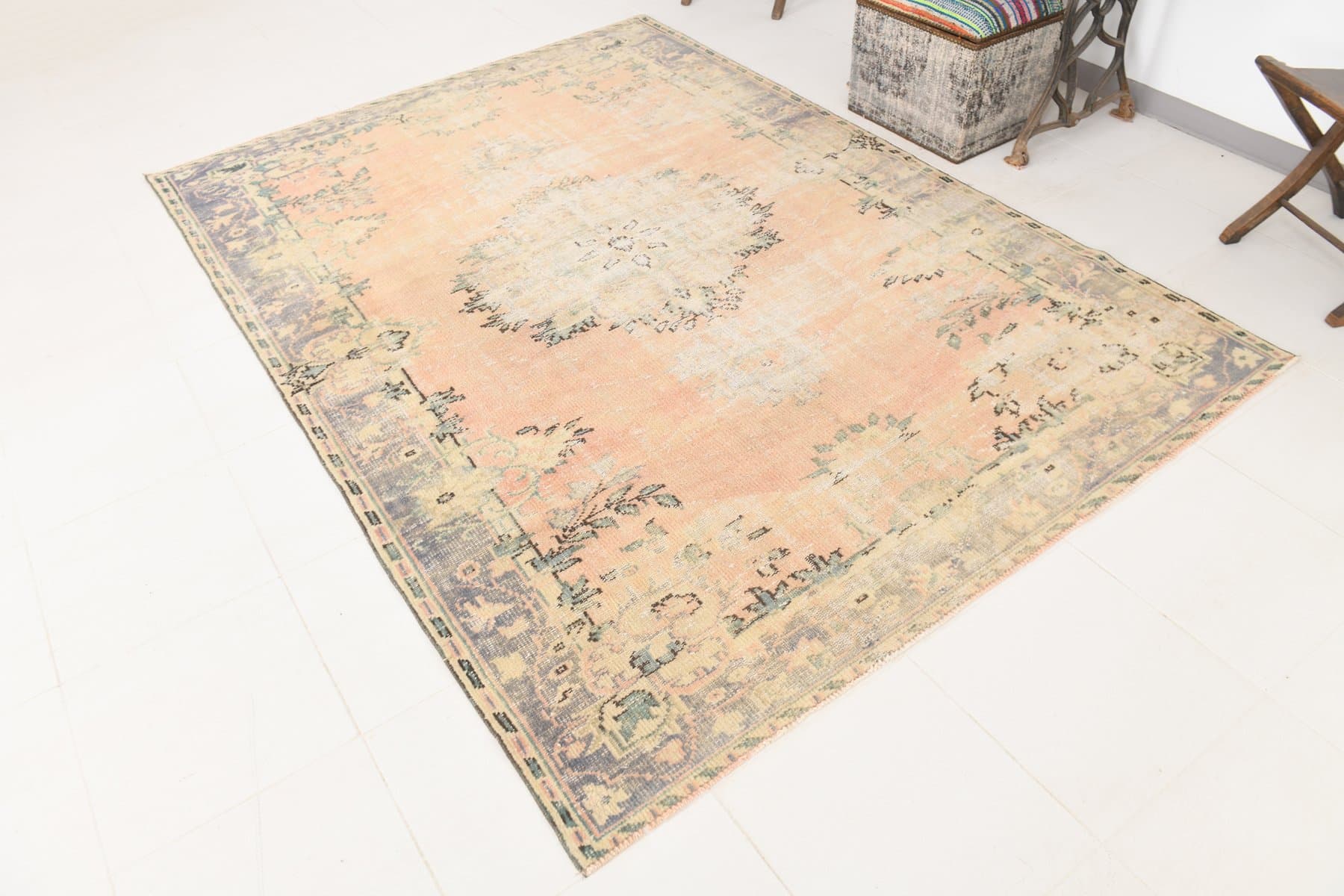 Dywan 185x261 cm, beżowy, niebieski, wełna, lata 70. - 214177