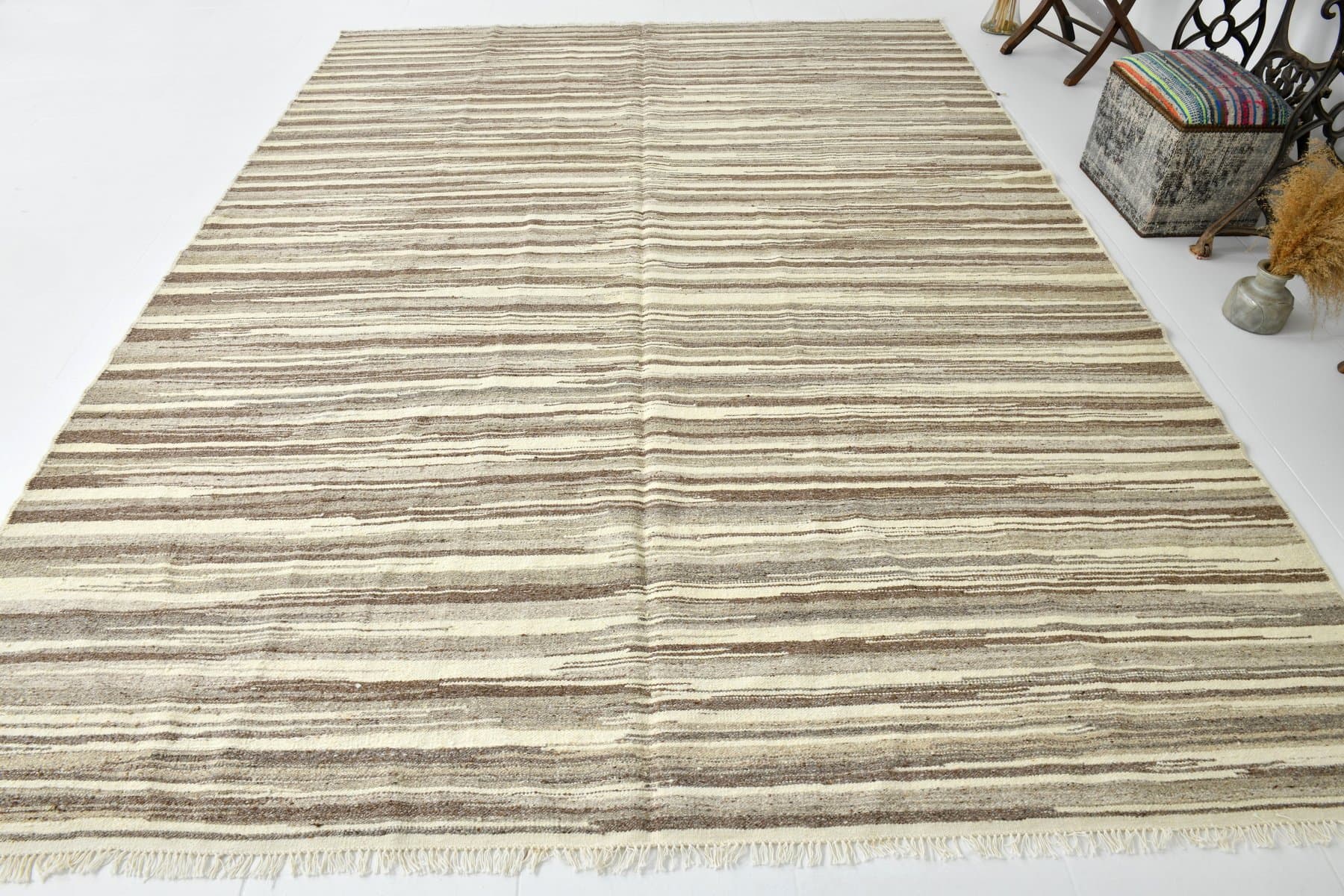 Kilim 359x265 cm, beżowy, wełna, lata 70. - 214738