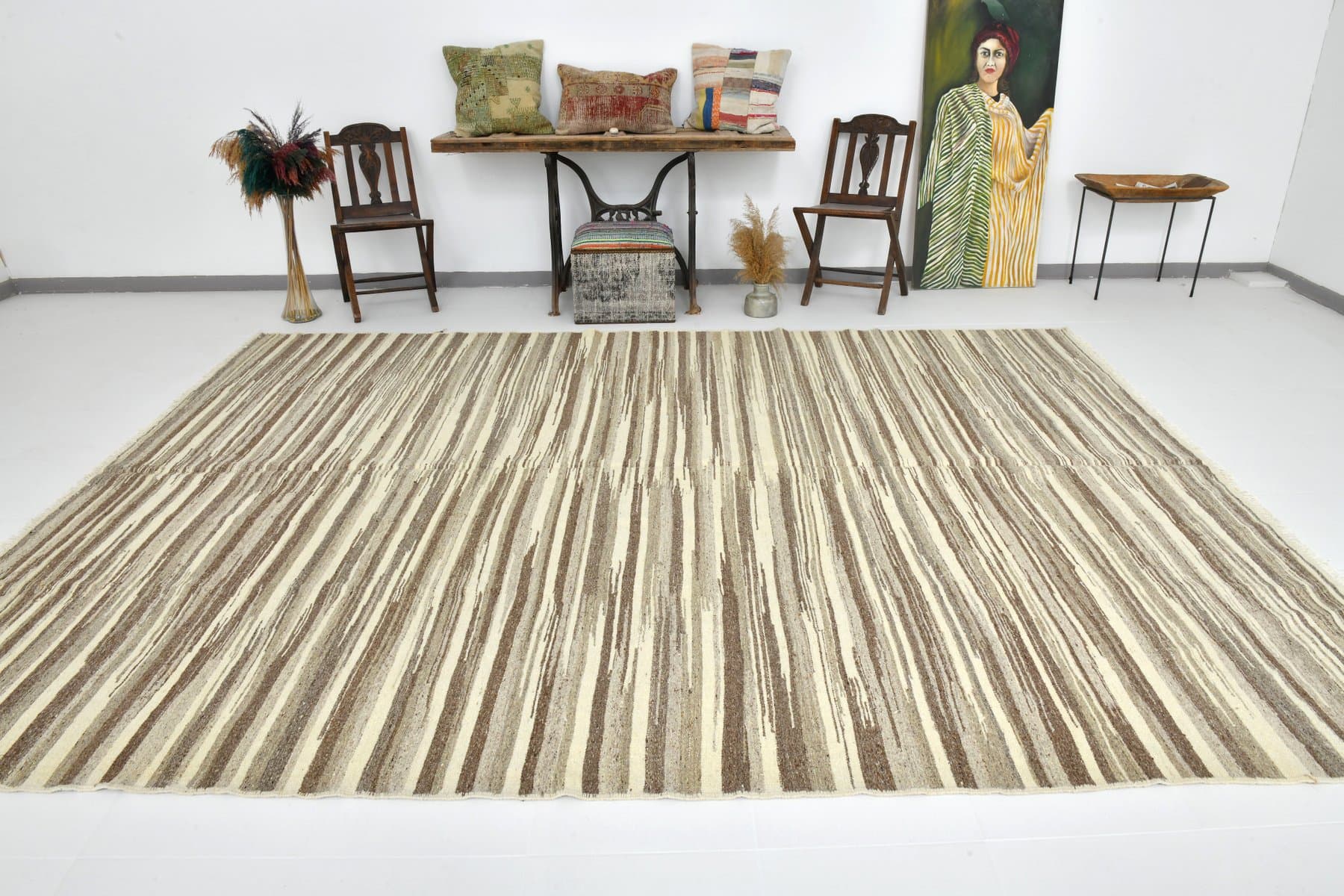 Kilim 359x265 cm, beżowy, wełna, lata 70. - 214742