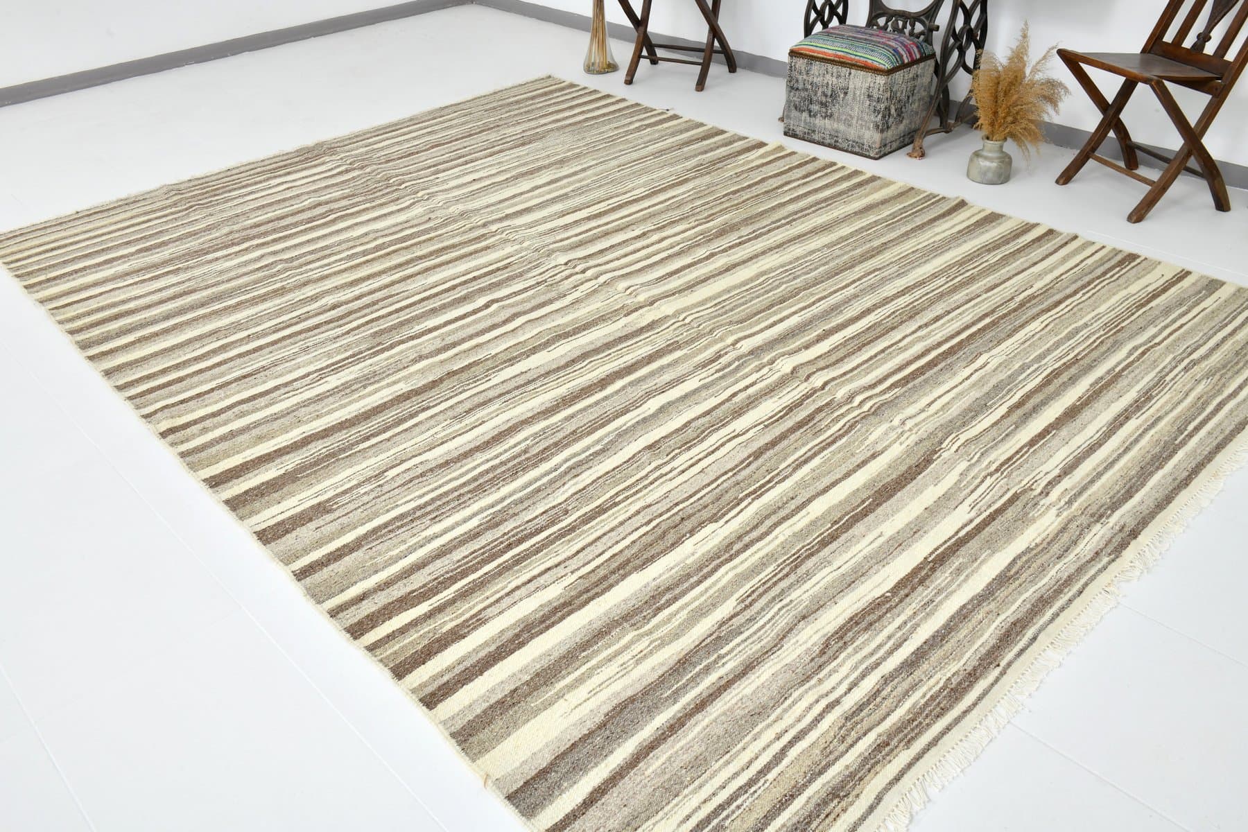 Kilim 359x265 cm, beżowy, wełna, lata 70. - 214741