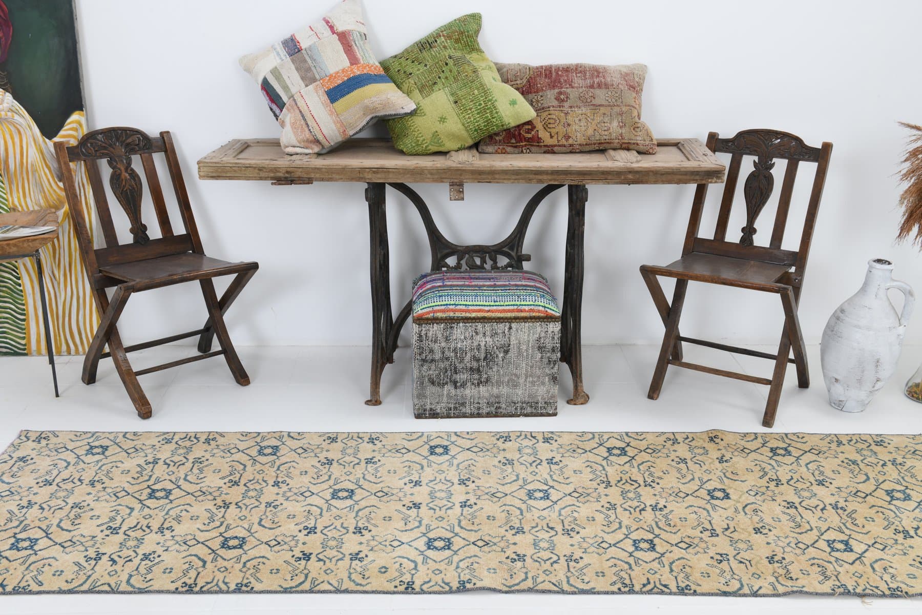 Chodnik 282x80 cm, beżowy, granatowy, wełna, lata 40. - 214729