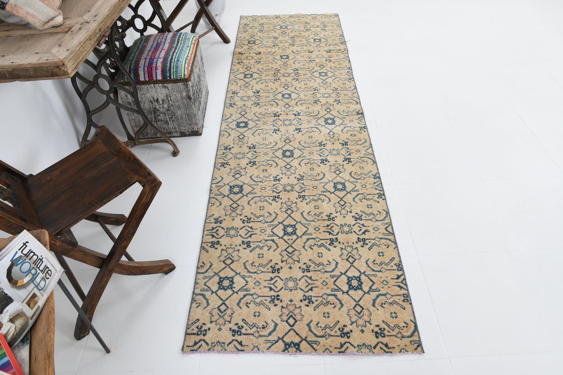 Chodnik 282x80 cm, beżowy, granatowy, wełna, lata 40. - 214725