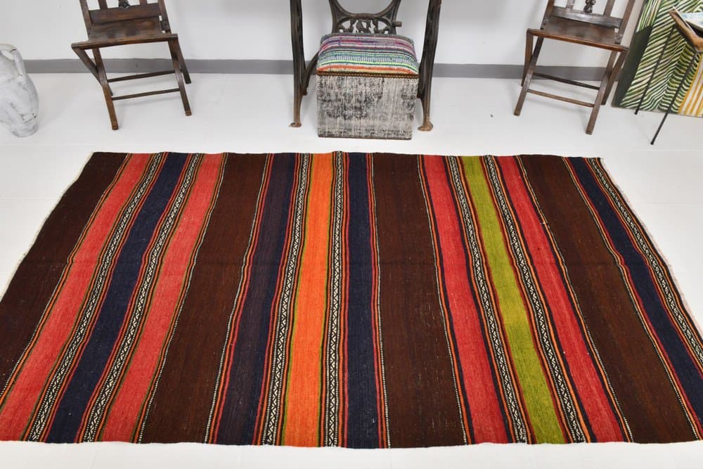 Kilim 245x139 cm, brązowy, czerwony, wełna, lata 70. - 214679