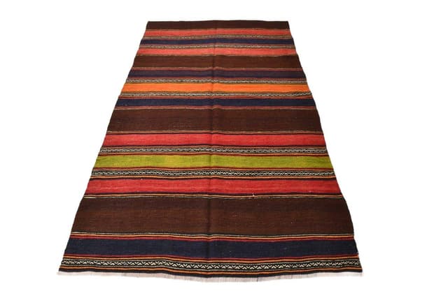 Kilim 245x139 cm, brązowy, czerwony, wełna, lata 70. - WYMIARY