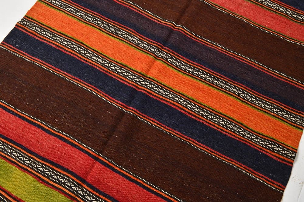 Kilim 245x139 cm, brązowy, czerwony, wełna, lata 70. - 214680