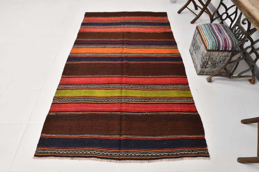 Kilim 245x139 cm, brązowy, czerwony, wełna, lata 70. - 214678
