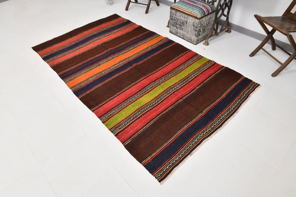 Kilim 245x139 cm, brązowy, czerwony, wełna, lata 70. - 214677