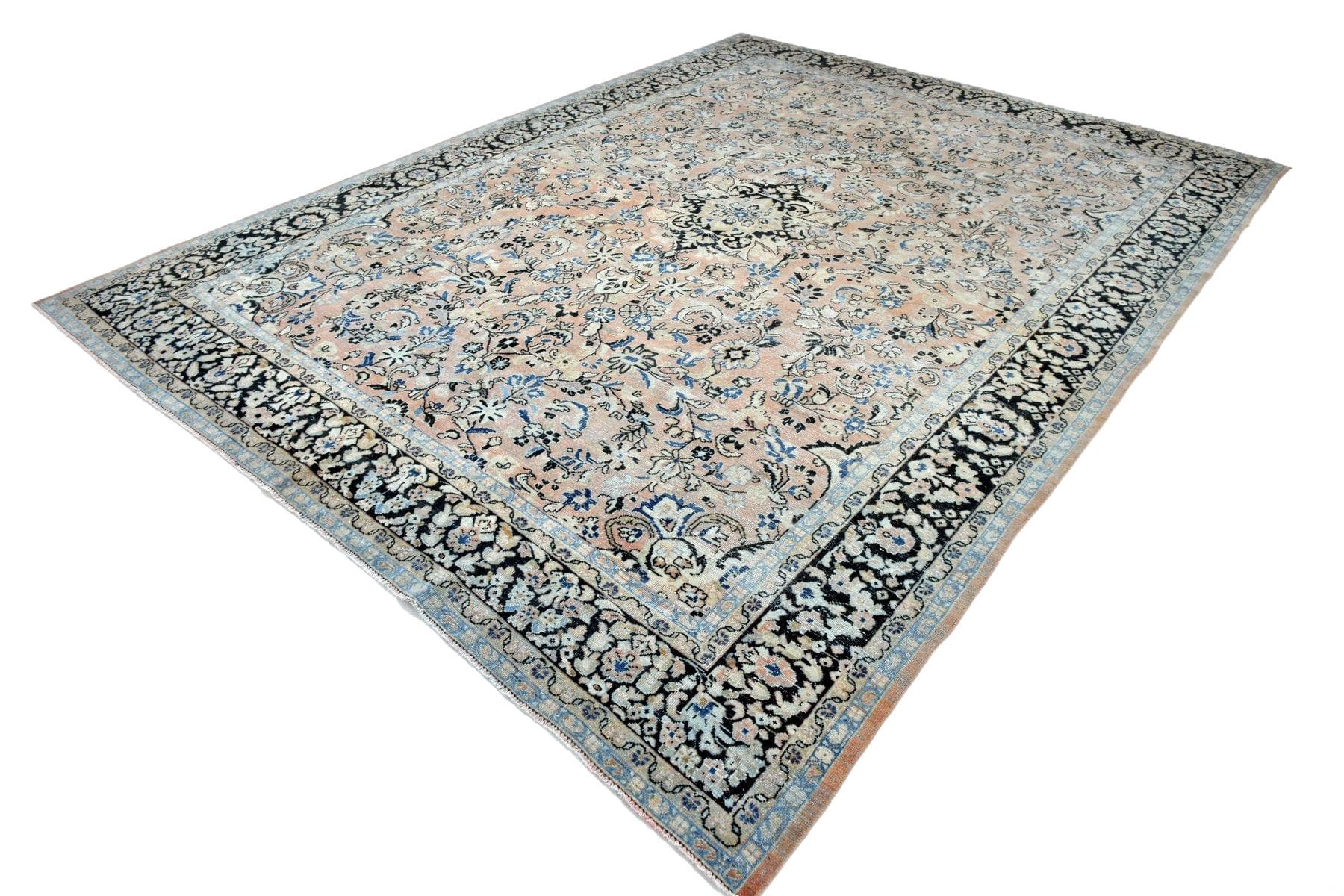 Dywan 390x300 cm, beżowy, turkusowy, wełna, lata 60.