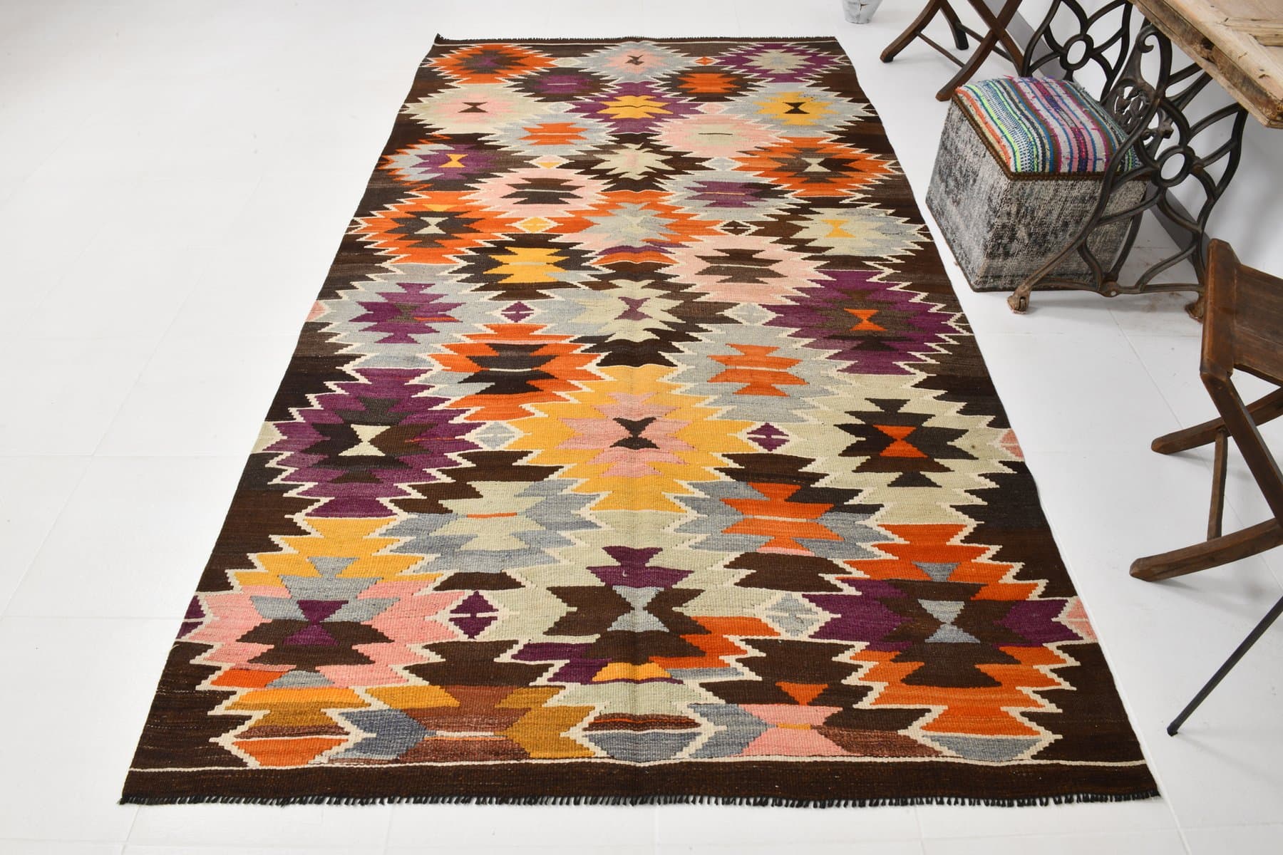 Kilim 166x306 cm, pomarańczowy, brązowy, wełna, lata 70. - 214632