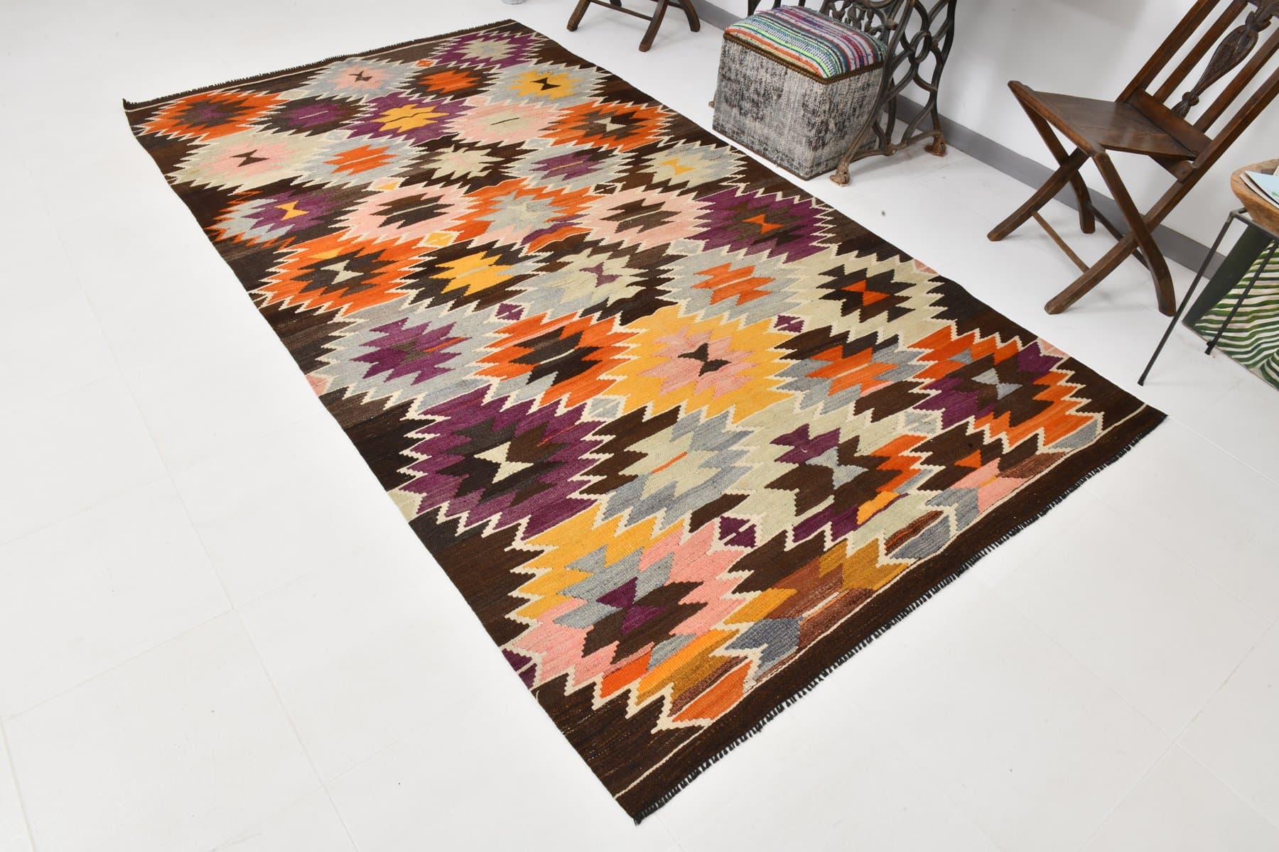 Kilim 166x306 cm, pomarańczowy, brązowy, wełna, lata 70. - 214633