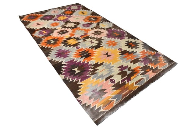 Kilim 166x306 cm, pomarańczowy, brązowy, wełna, lata 70. - WYMIARY