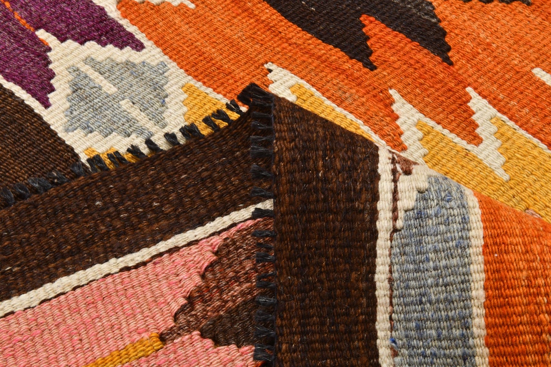 Kilim 166x306 cm, pomarańczowy, brązowy, wełna, lata 70. - 214640