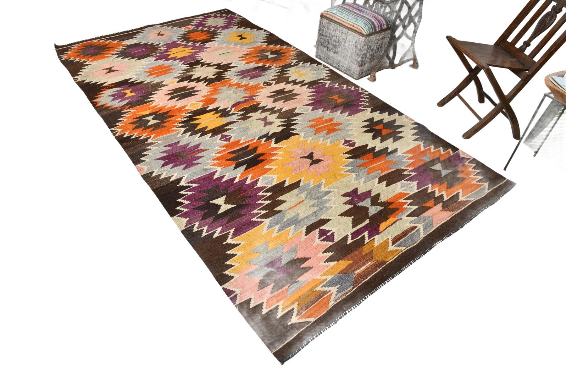 Kilim 166x306 cm, pomarańczowy, brązowy, wełna, lata 70. - 214631