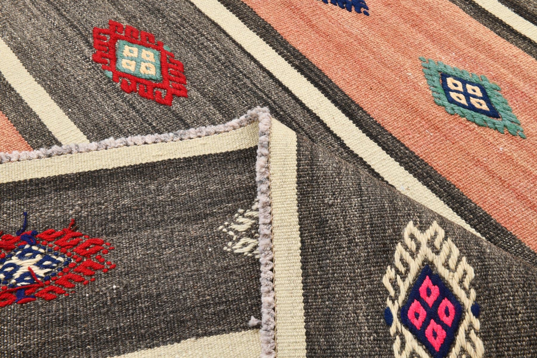 Kilim 163x240 cm, brzoskwiniowy, brązowy, wełna, lata 70. - 214606