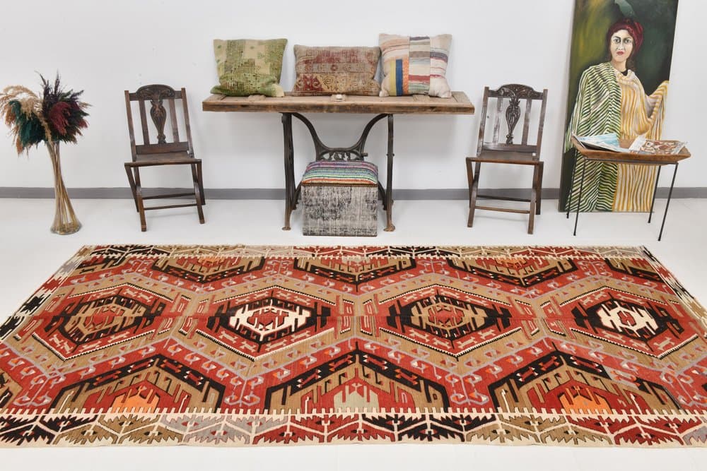 Kilim 166x334 cm, czerwony, beżowy, wełna, lata 70. - 214532