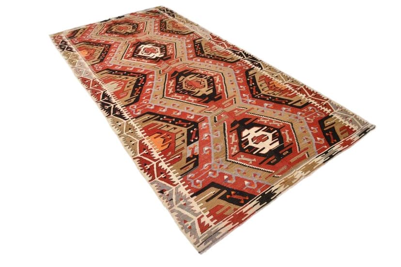 Kilim 166x334 cm, czerwony, beżowy, wełna, lata 70.