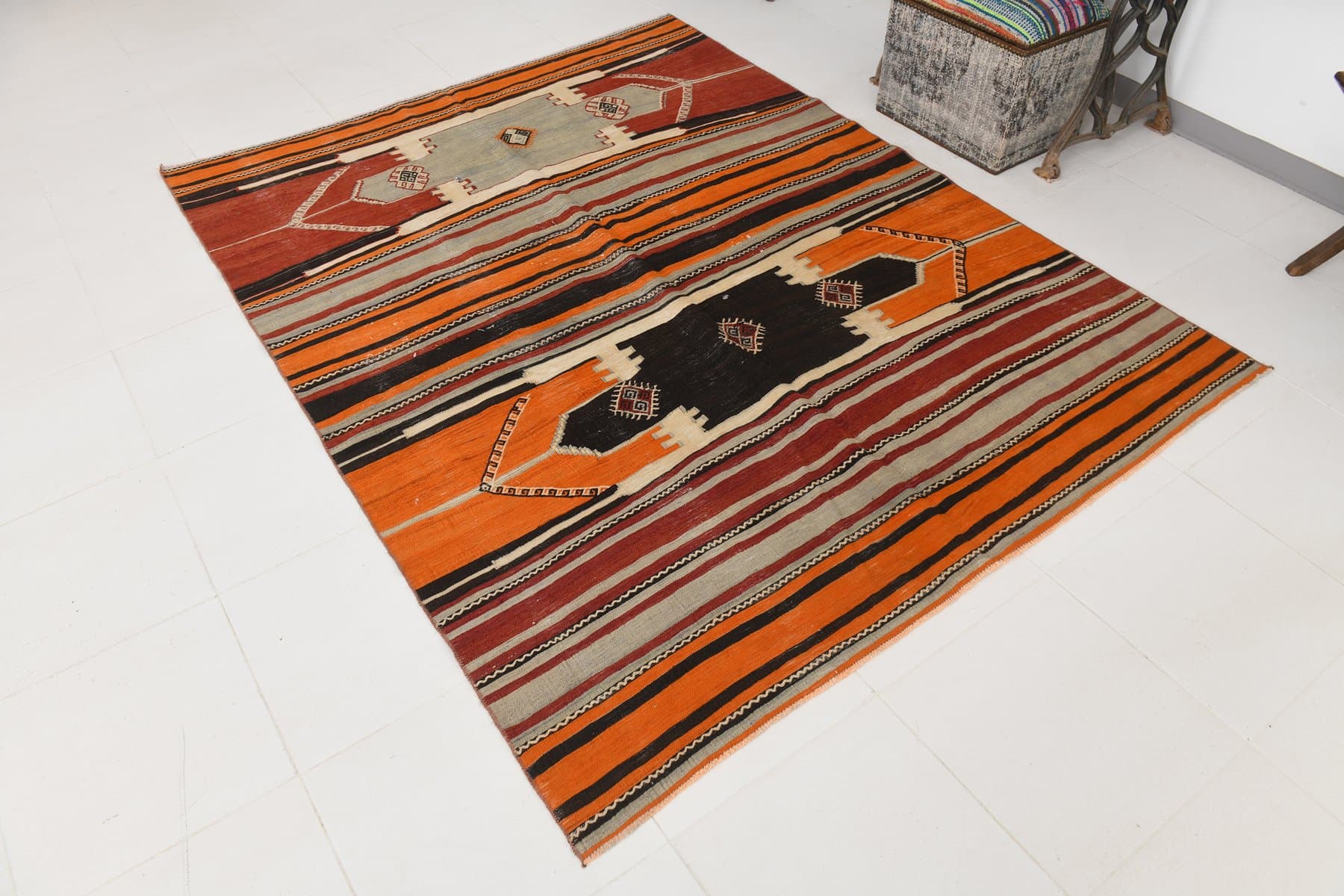 Kilim 226x173 cm, czerwony, pomarańczowy, wełna, lata 70. - 214907