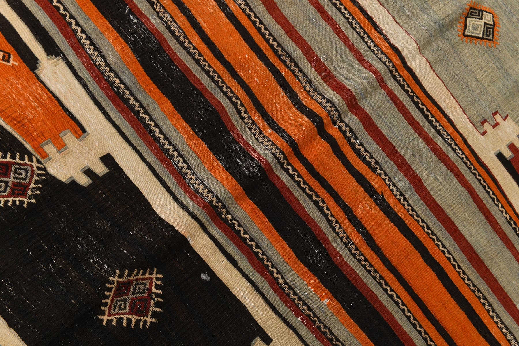 Kilim 226x173 cm, czerwony, pomarańczowy, wełna, lata 70. - 214910