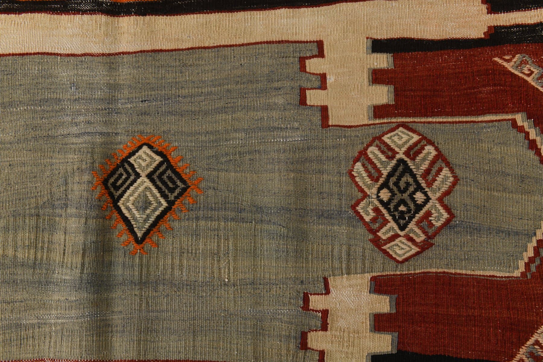 Kilim 226x173 cm, czerwony, pomarańczowy, wełna, lata 70. - 214912