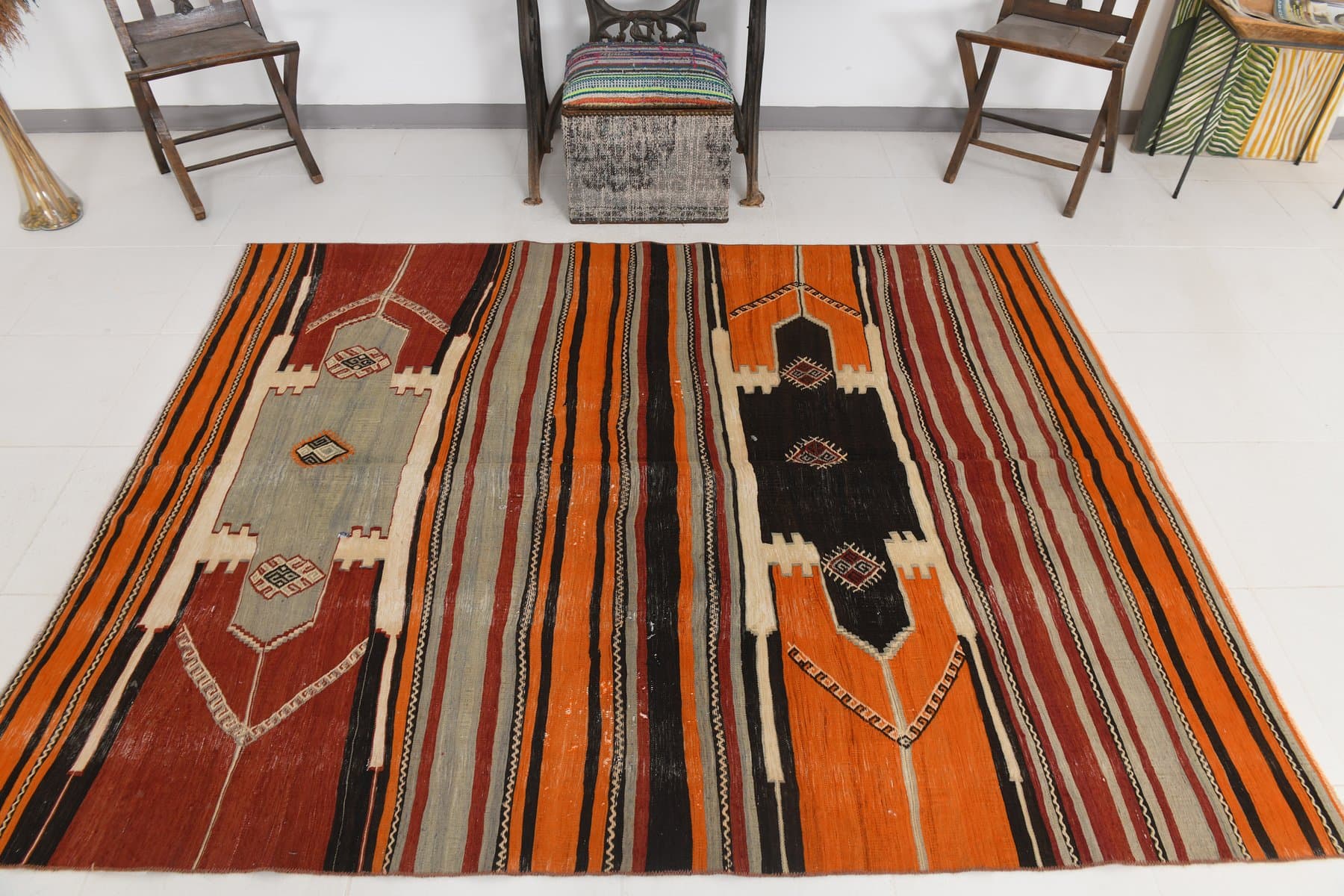 Kilim 226x173 cm, czerwony, pomarańczowy, wełna, lata 70. - 214908