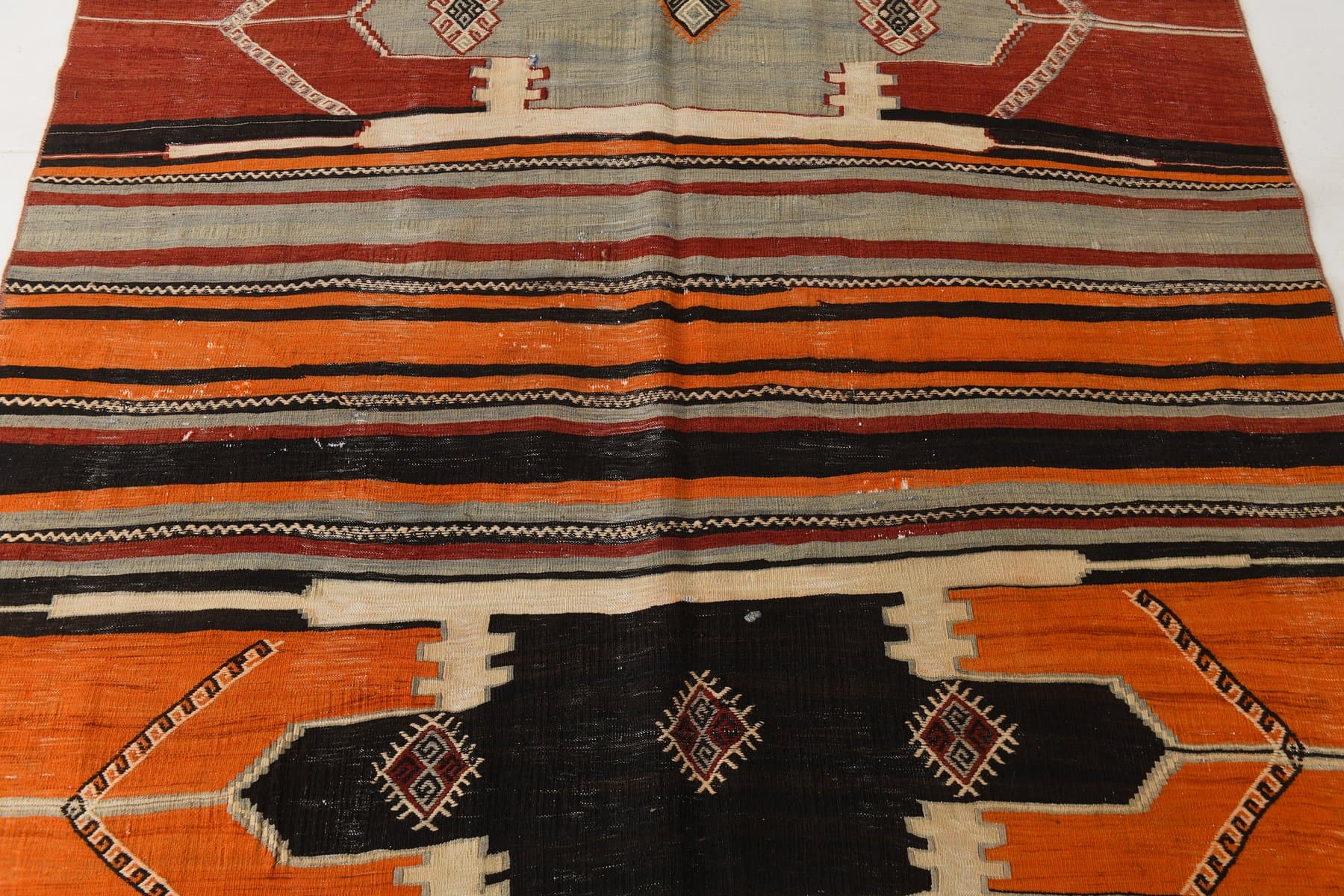 Kilim 226x173 cm, czerwony, pomarańczowy, wełna, lata 70. - 214913