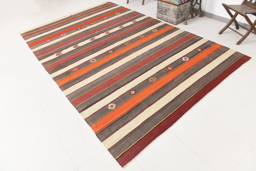 Kilim 211x331 cm, brązowy, pomarańczowy, wełna, lata 70. - 214896