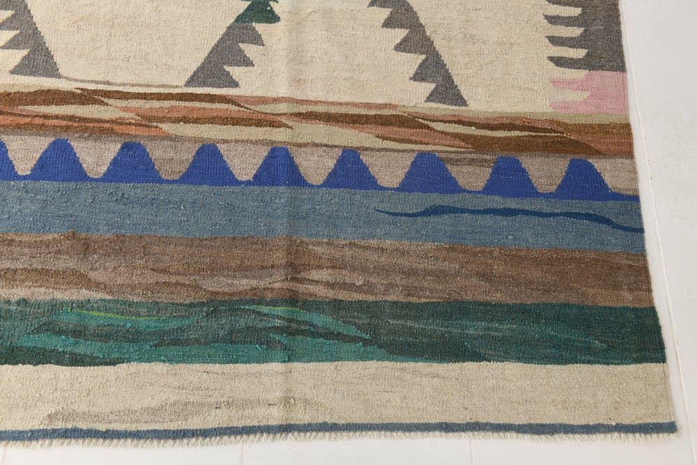 Kilim 362x280 cm, beżowy, zielony, wełna, Turcja, lata 70. - 214955