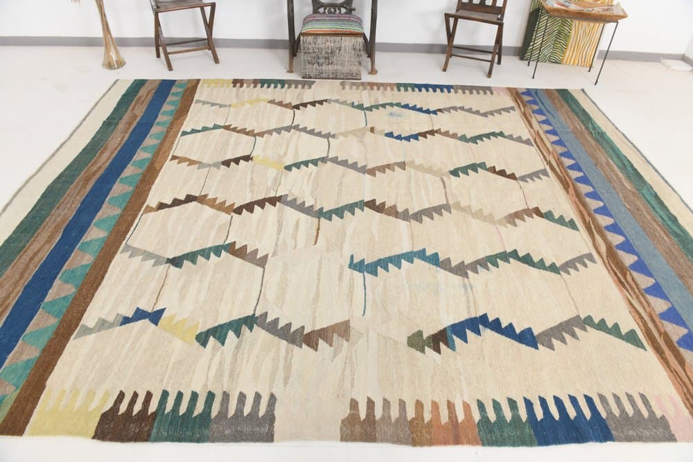 Kilim 362x280 cm, beżowy, zielony, wełna, Turcja, lata 70. - 214949